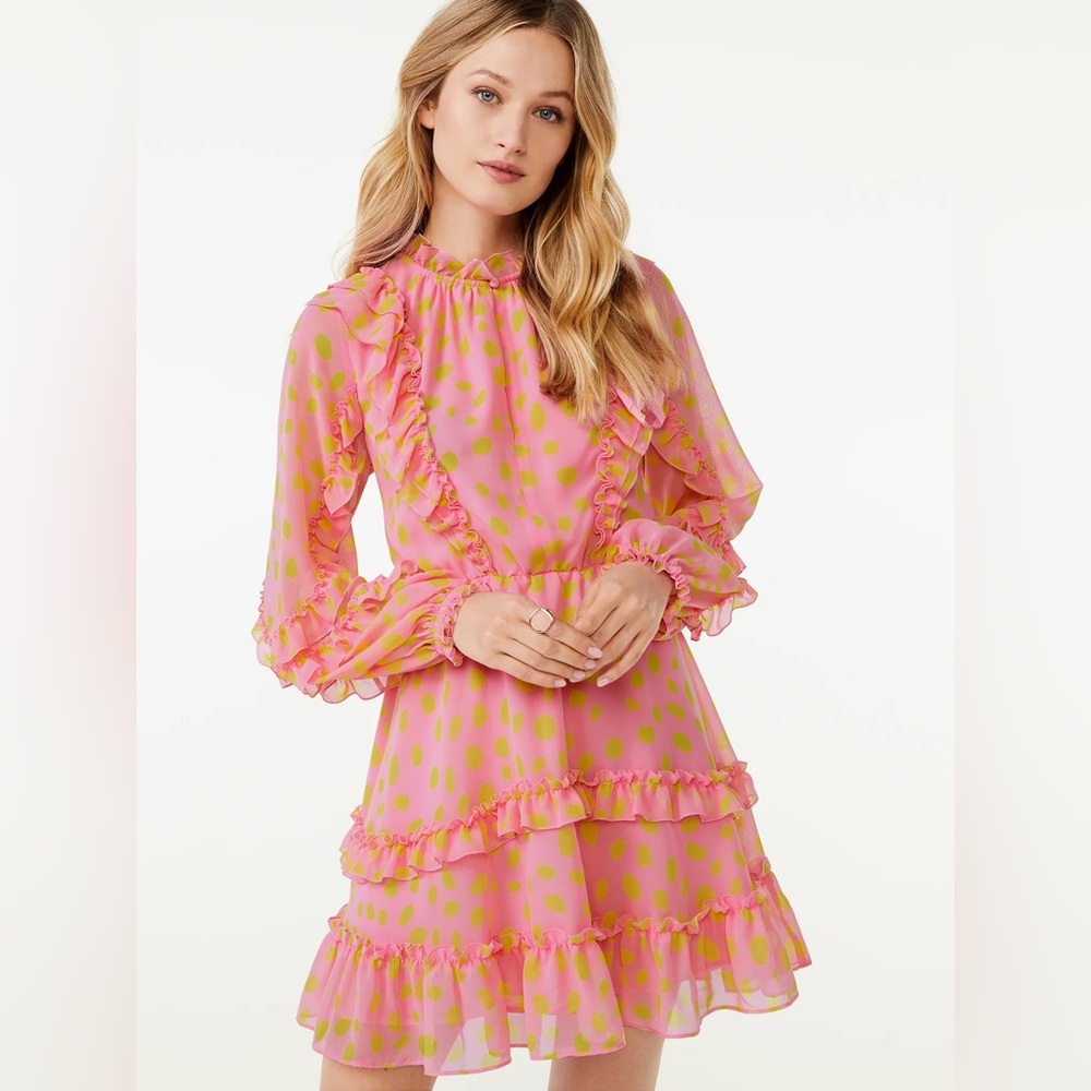 Scoop Women Long Sleep Pink Polka Dots Ruffle Mini Dress Size Small